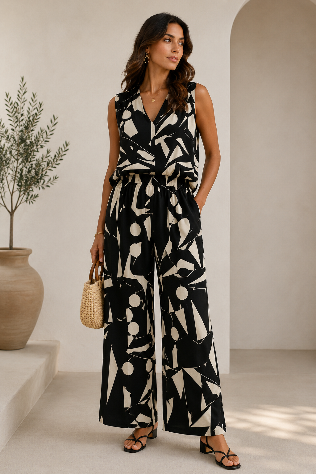 Ensemble Élégance Graphique POJ003 – Débardeur & Pantalon Fluide