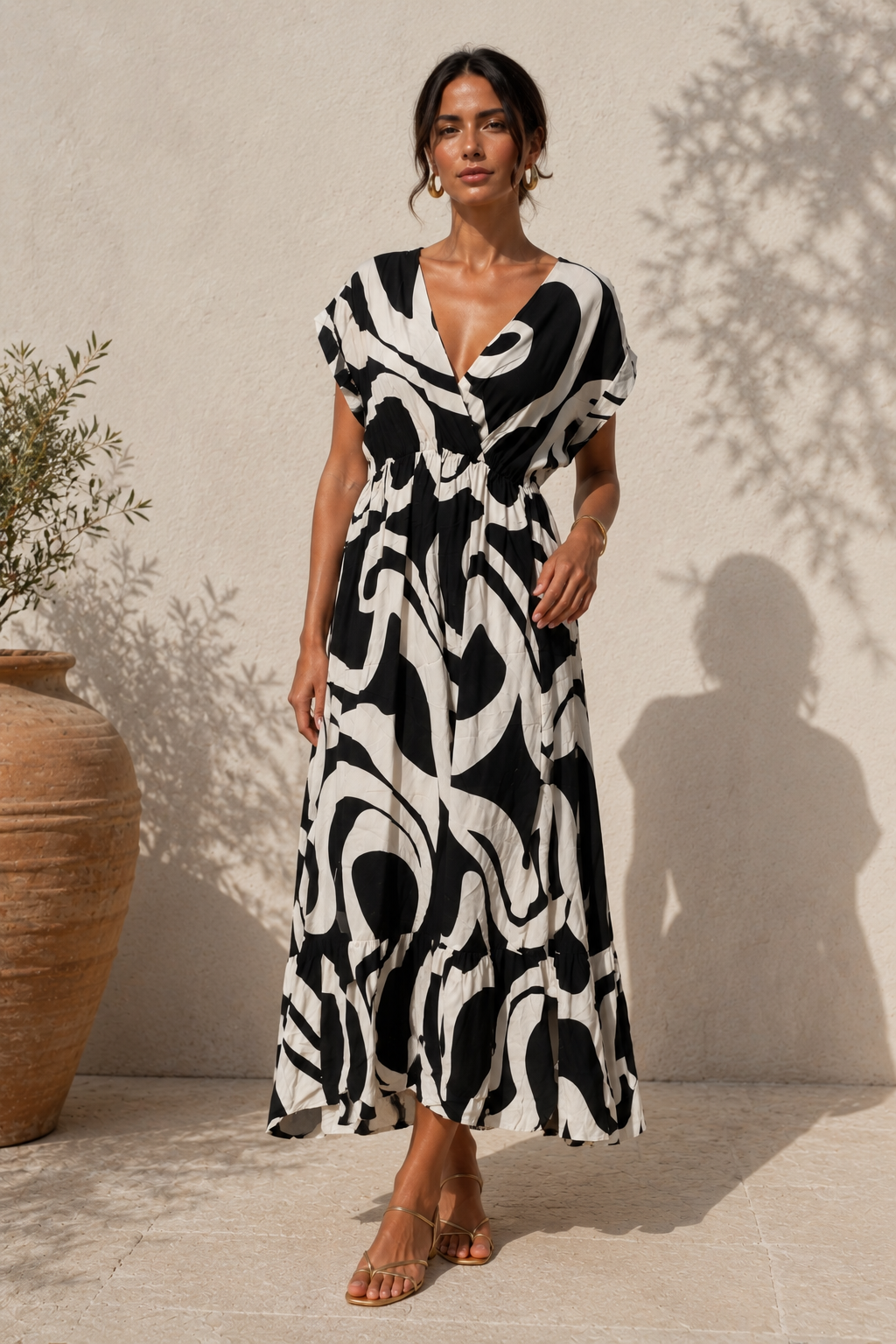 Robe Longue Imprimé Graphique Noir & Blanc