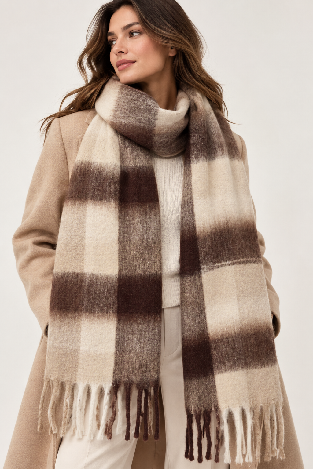Écharpe à carreaux marron – 100 % viscose