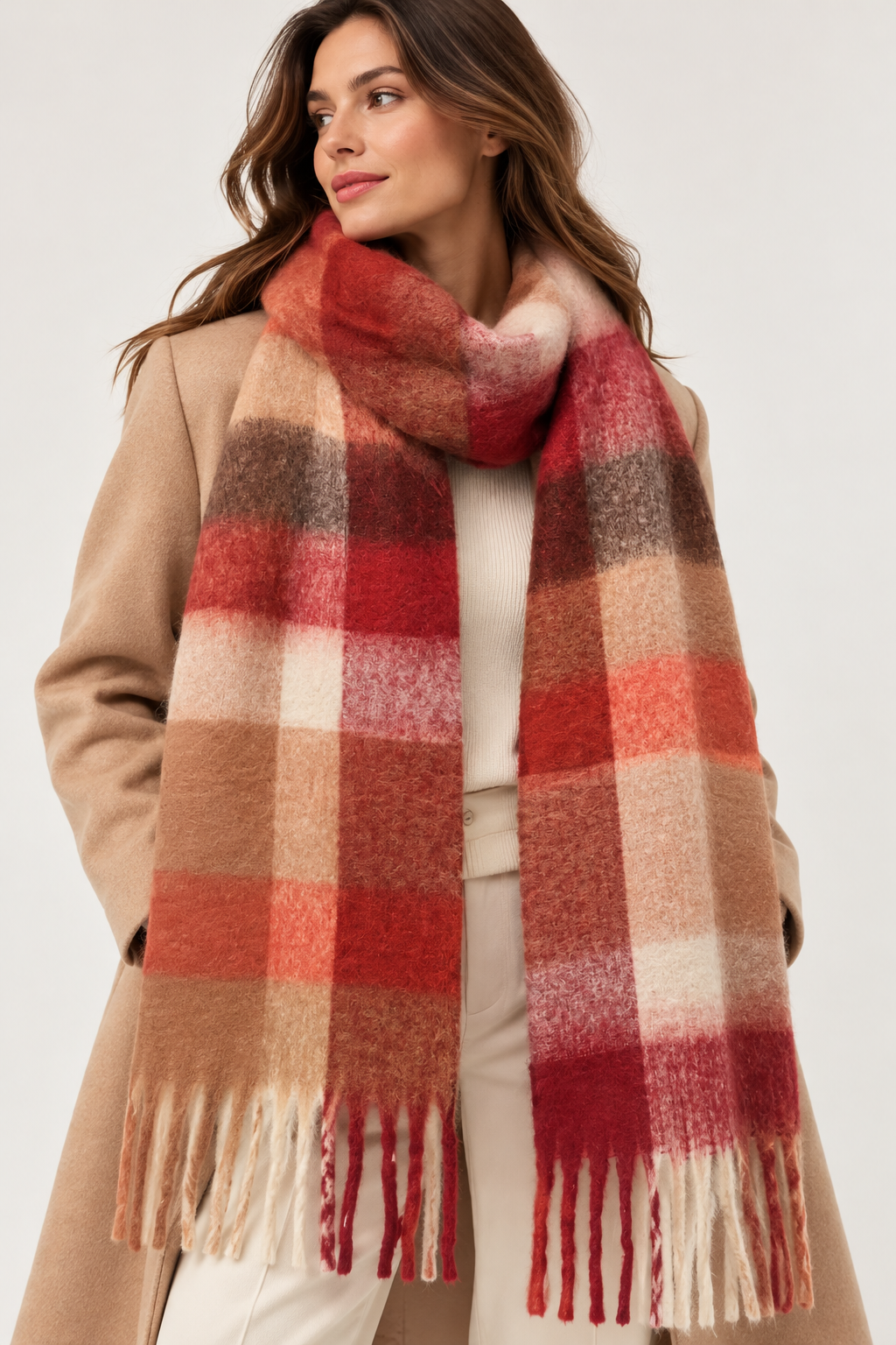 Écharpe à carreaux brique – 100 % viscose