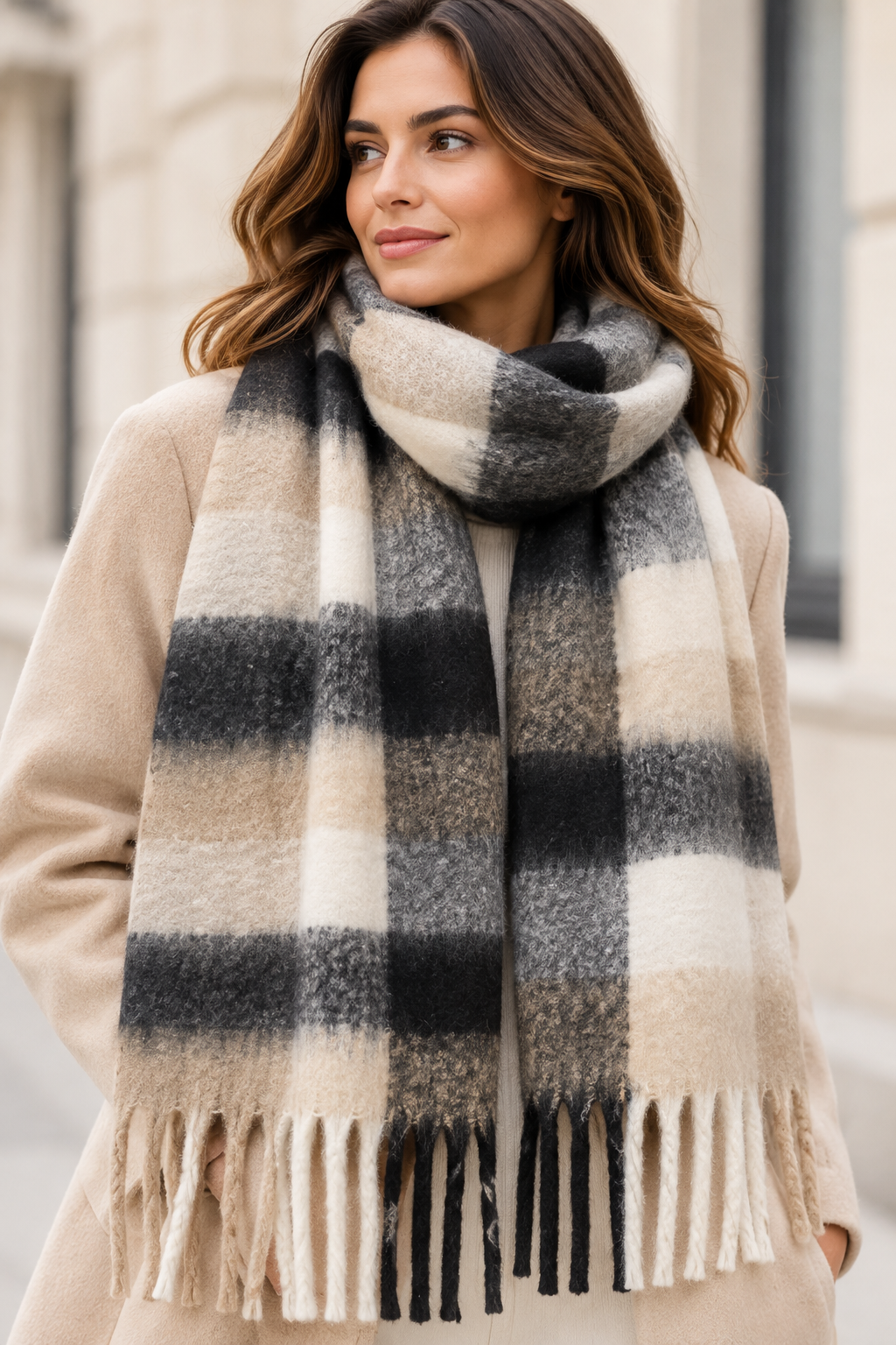 Écharpe à carreaux beige– 100 % viscose