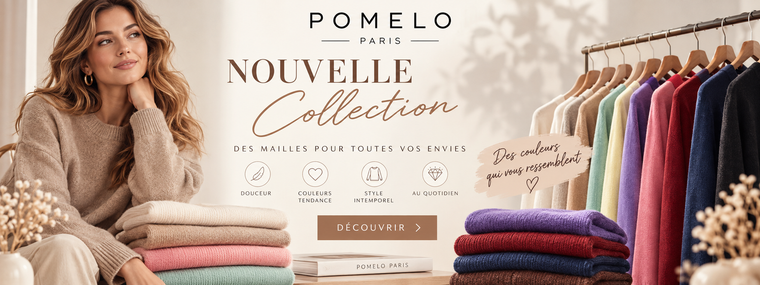 Nouvelle collection Pomelo Paris — maille beige portée par un mannequin, devant un portant de pulls colorés