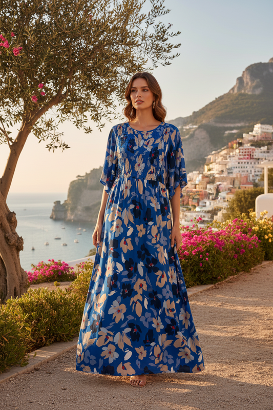Robe Longue Fleurie en Coton - Bleu Pomelo 2506-01