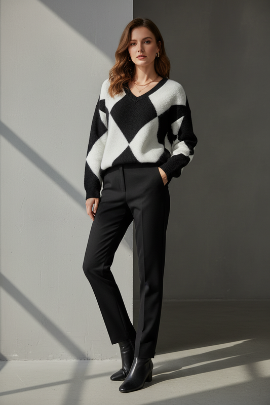 Pull Col V en Maille Losanges Jacquard - GO2668816