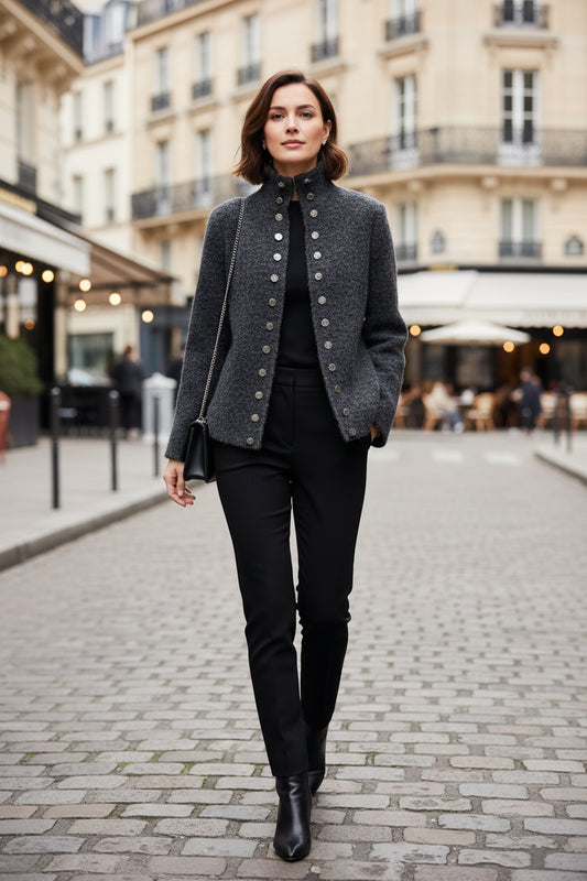 Veste chic pour femme en maille bouclée gris anthracite avec col montant montant et double boutonnage métallique argenté.