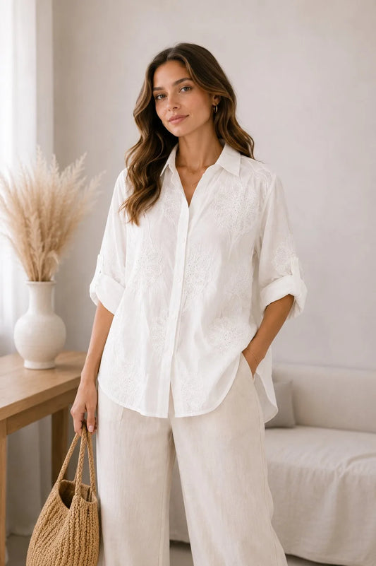 Chemise Blanche Brodée en Coton 2607 - Louise