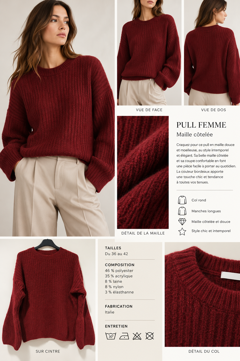 Pull femme en maille côtelée – Style chic italien