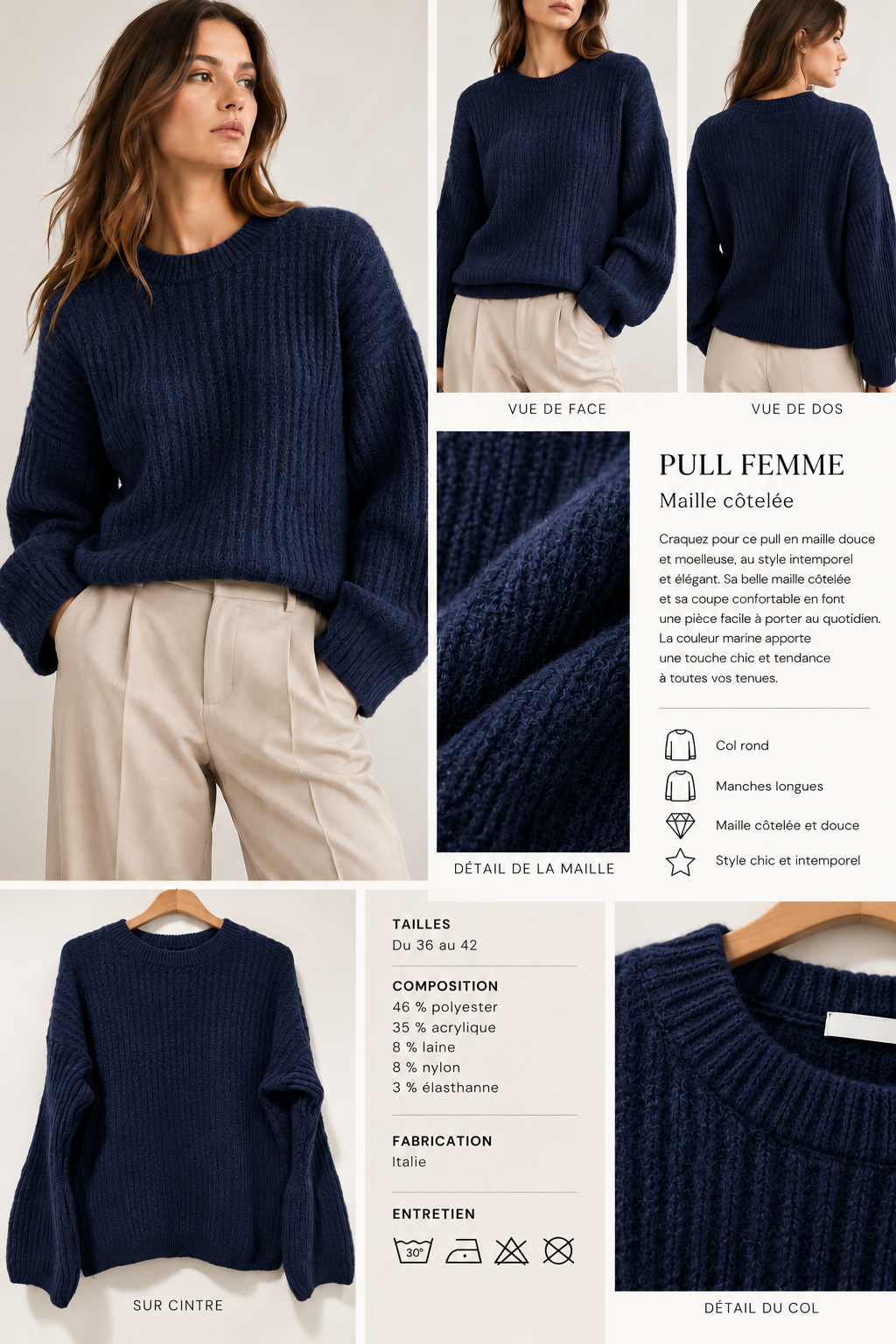 Pull femme en maille côtelée – Style chic italien