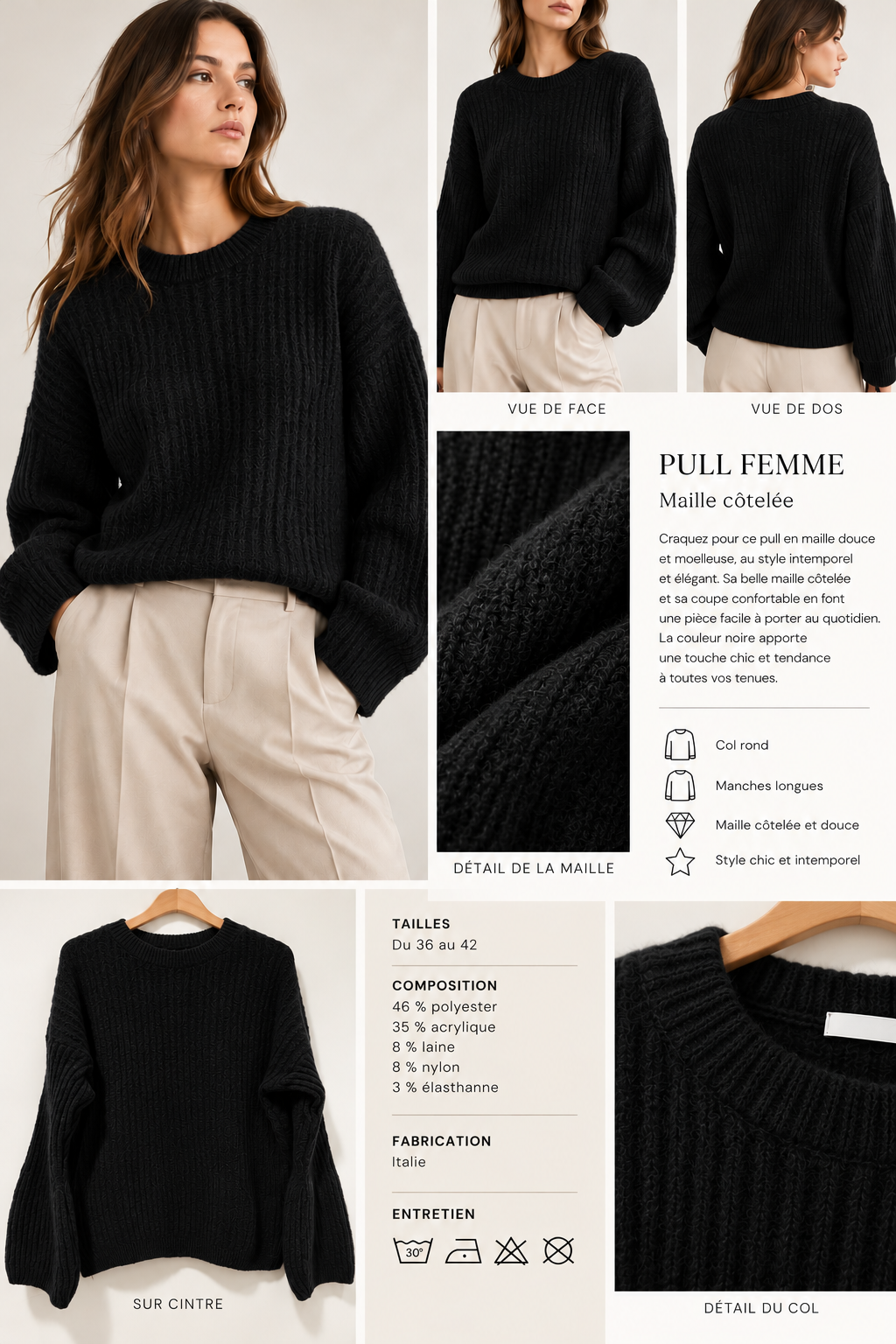 Pull femme en maille côtelée – Style chic italien