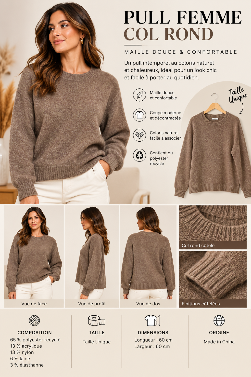 Pull col rond en maille douce Vb8008