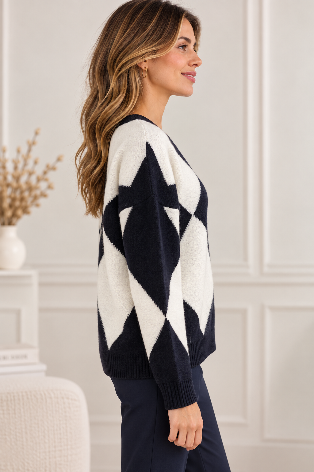 Pull Femme Col V en Maille Graphique 68816