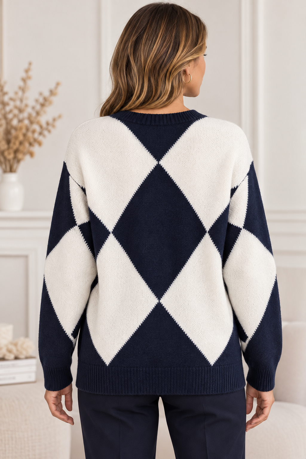 Pull Femme Col V en Maille Graphique 68816