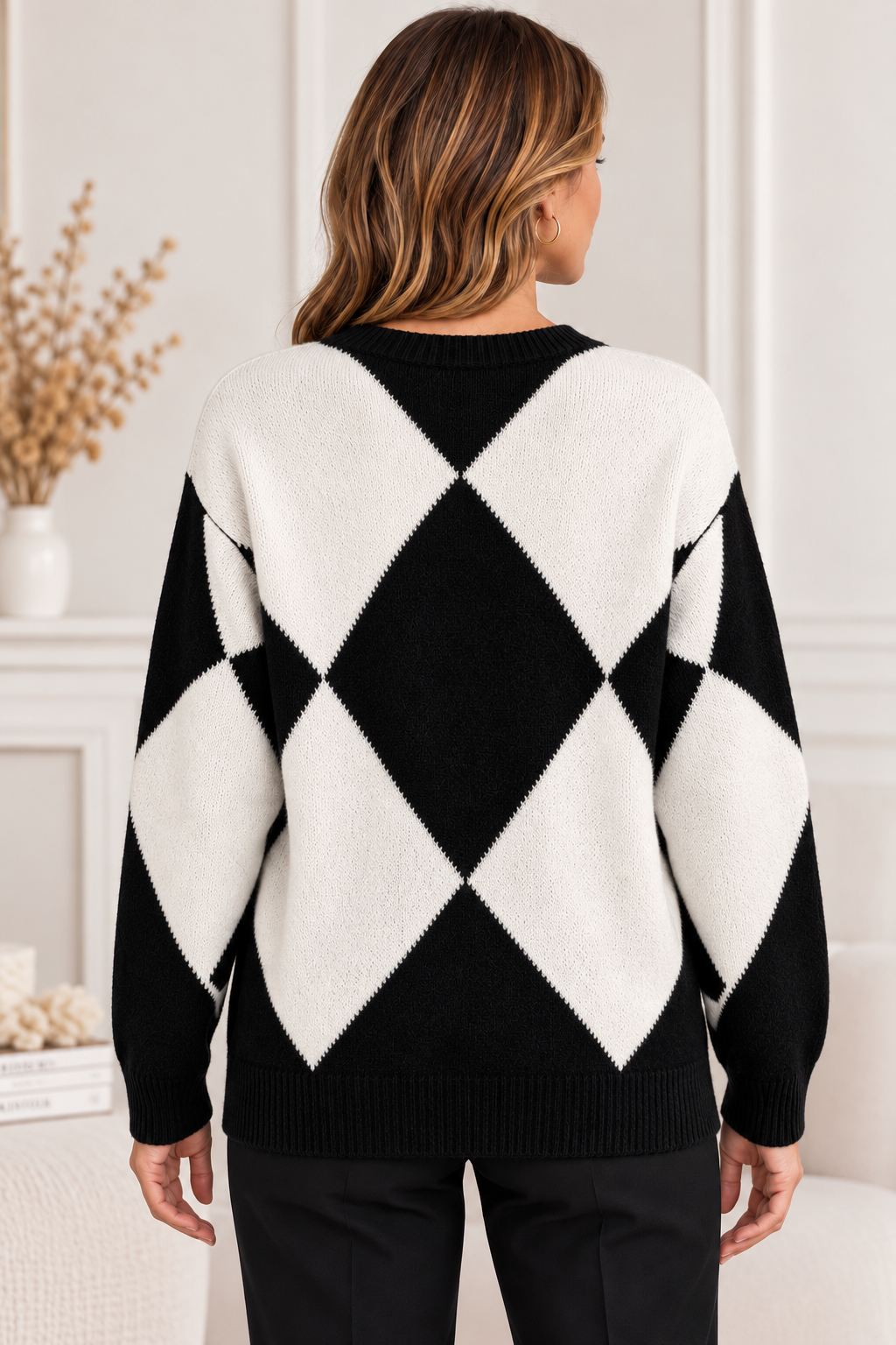 Pull Femme Col V en Maille Graphique 68816