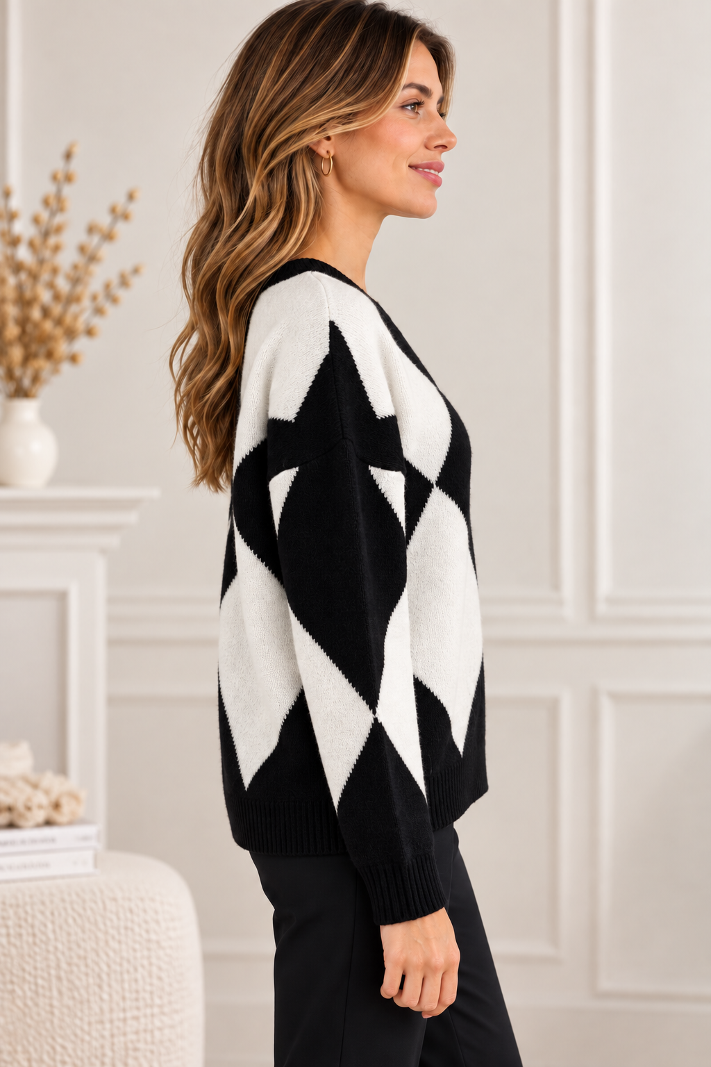 Pull Femme Col V en Maille Graphique 68816