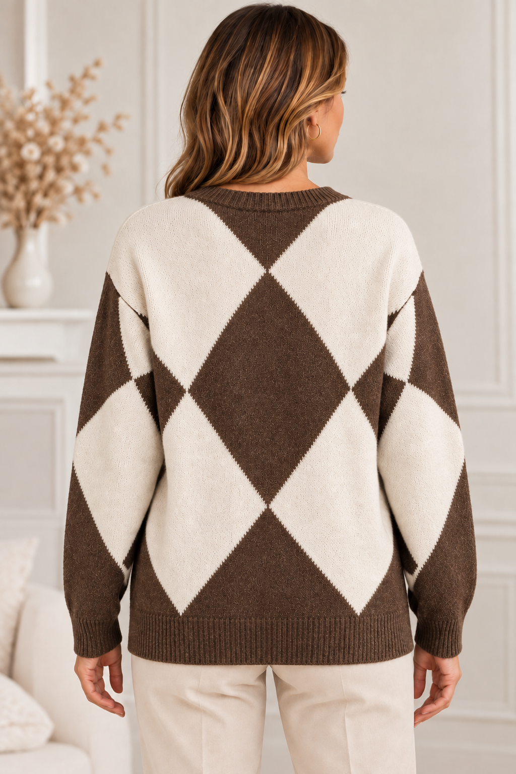 Pull Femme Col V en Maille Graphique 68816