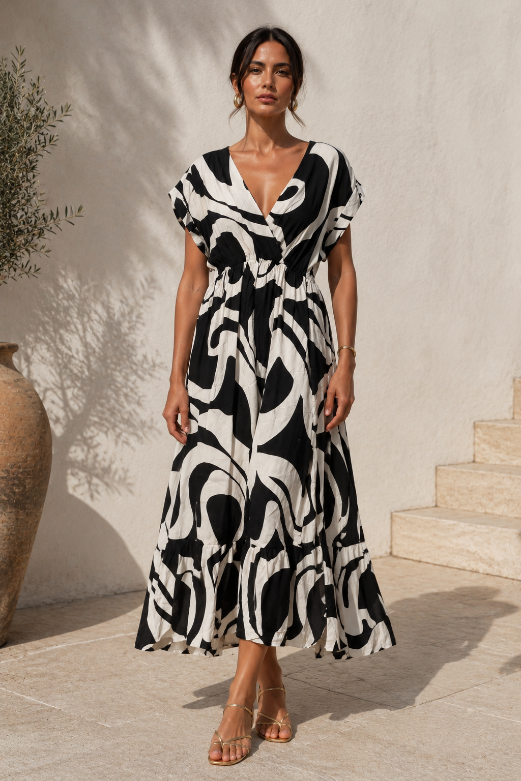 Robe Longue Imprimé Graphique Noir & Blanc