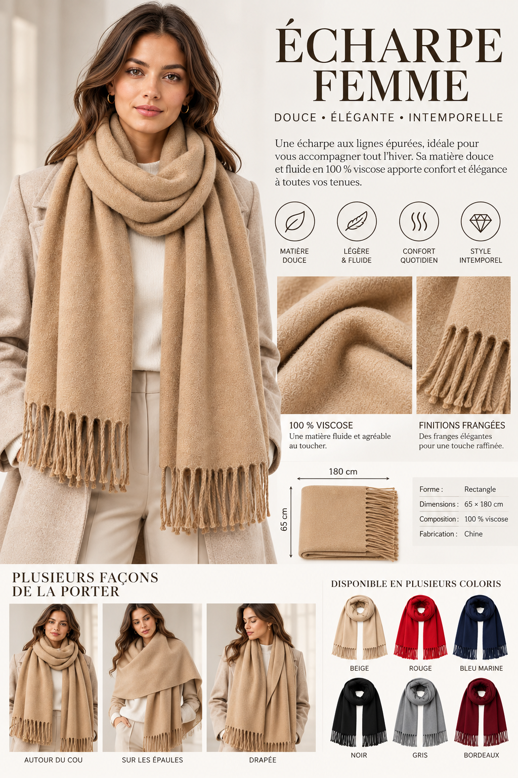 Écharpe rectangle femme en viscose – 65 × 180 cm