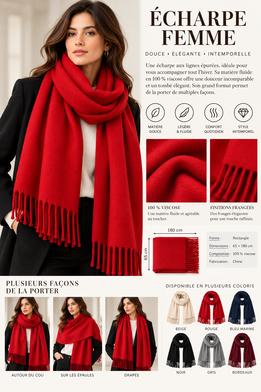 Écharpe rectangle femme en viscose – 65 × 180 cm