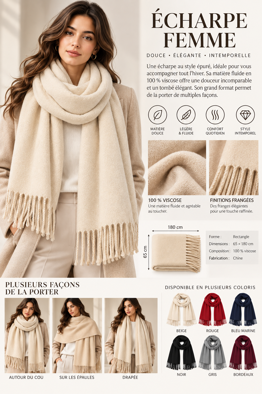 Écharpe rectangle femme en viscose – 65 × 180 cm