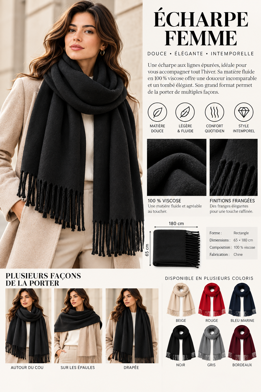 Écharpe rectangle femme en viscose – 65 × 180 cm