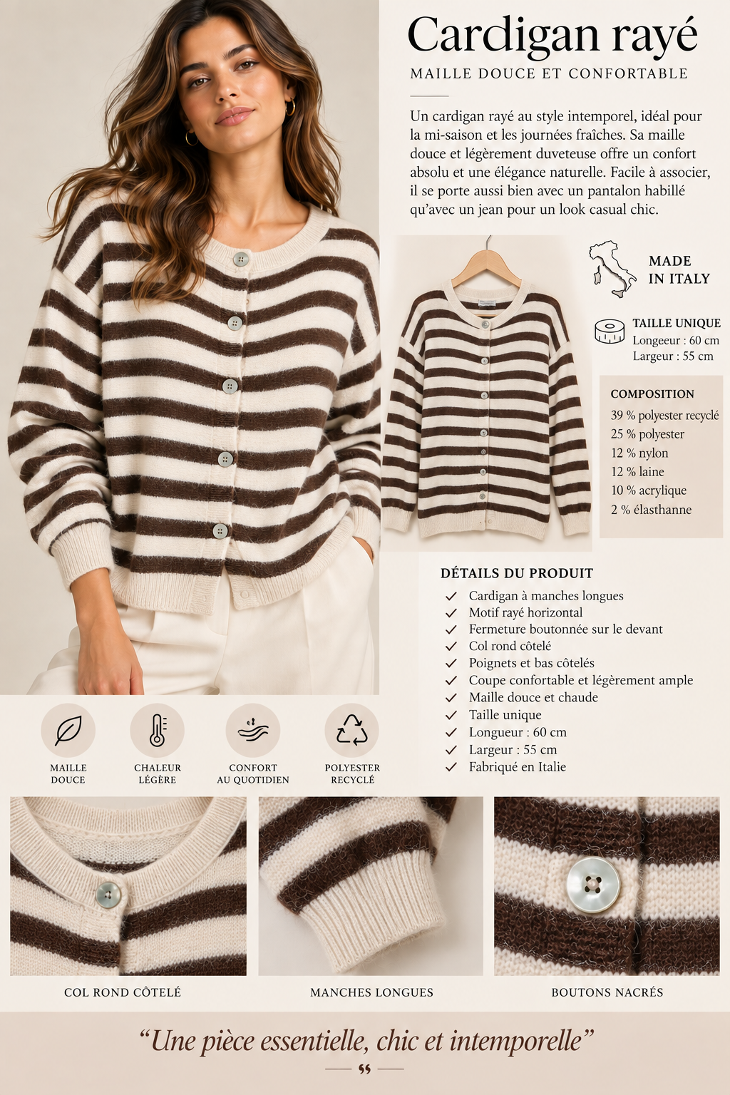 Cardigan rayé en maille douce Rom86350