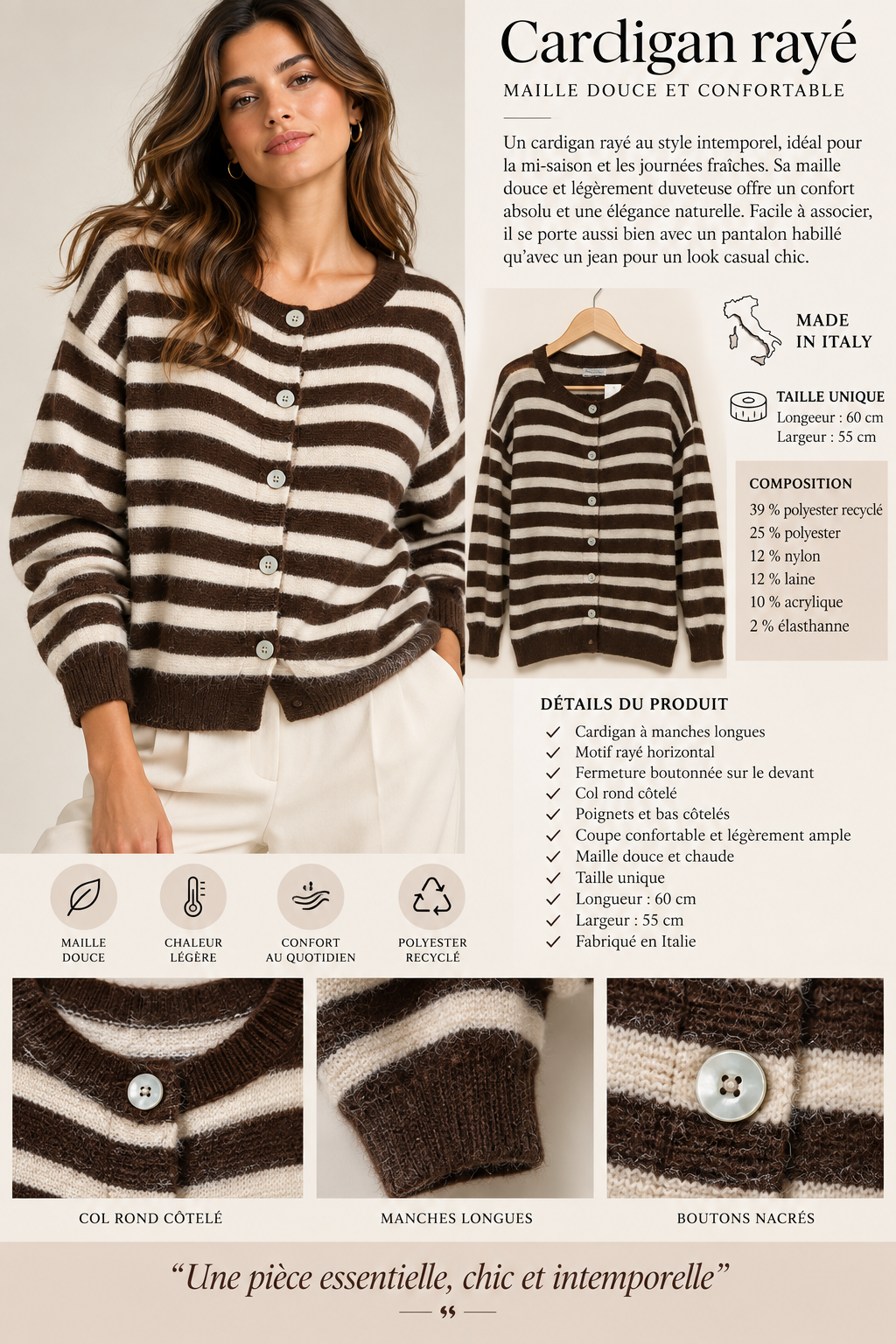 Cardigan rayé en maille douce Rom86350