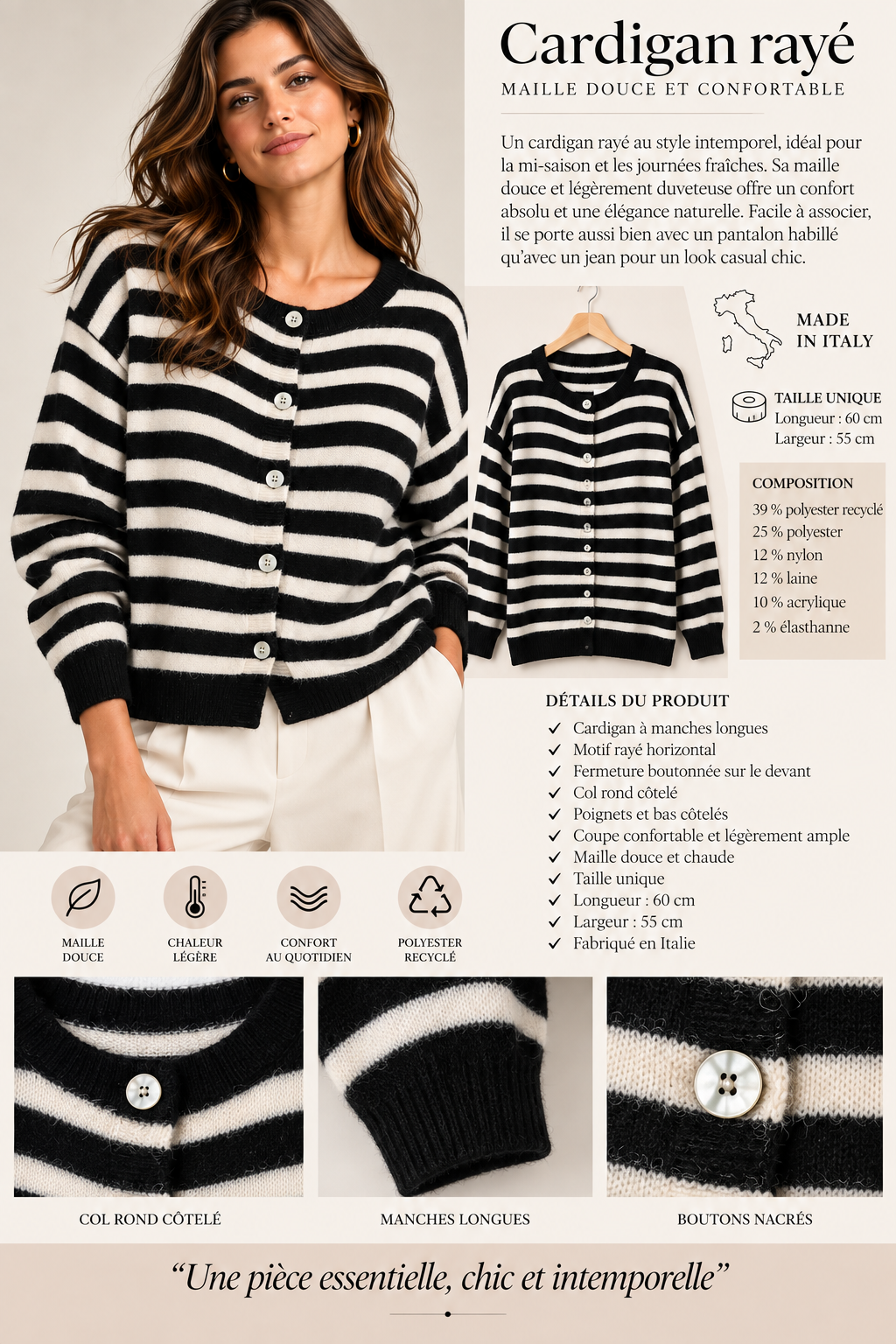 Cardigan rayé en maille douce Rom86350