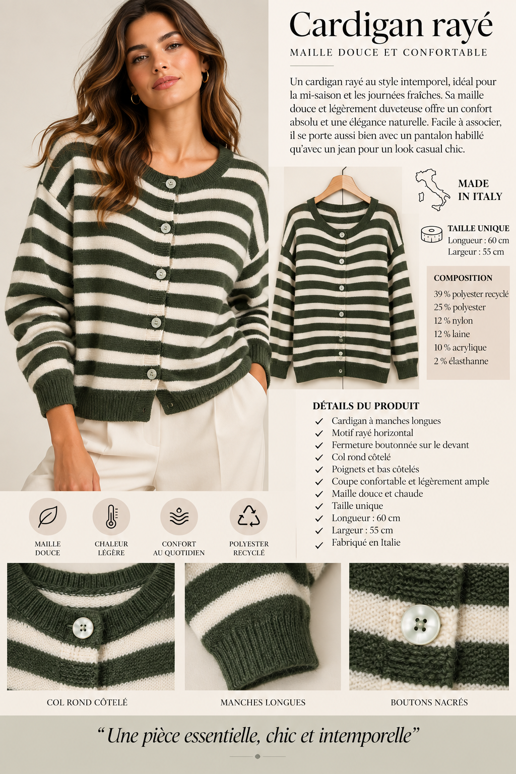 Cardigan rayé en maille douce Rom86350
