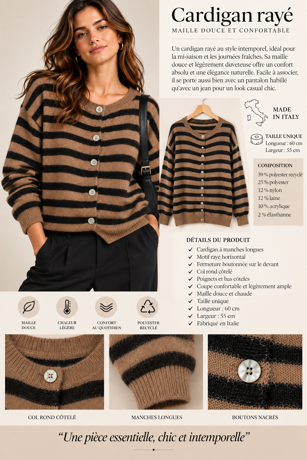 Cardigan rayé en maille douce Rom86350
