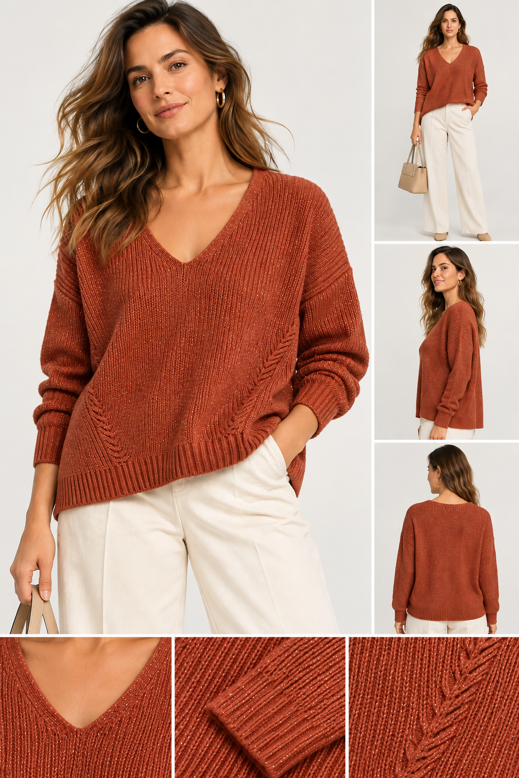 Pull en maille fine lurex à col V - N8003