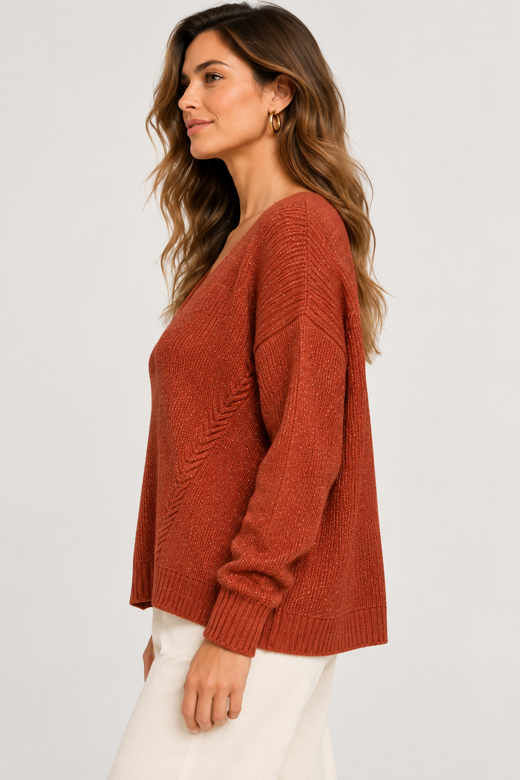 Pull en maille fine lurex à col V - N8003