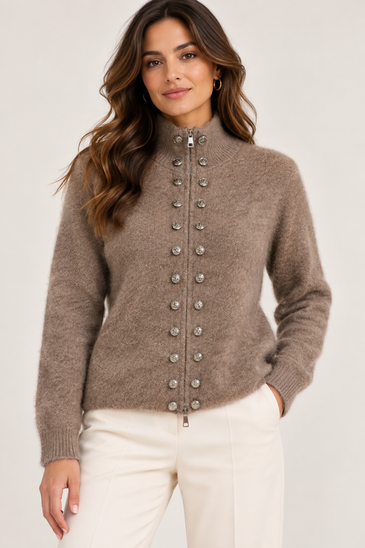 Gilet en maille duveteuse taupe à double boutonnage