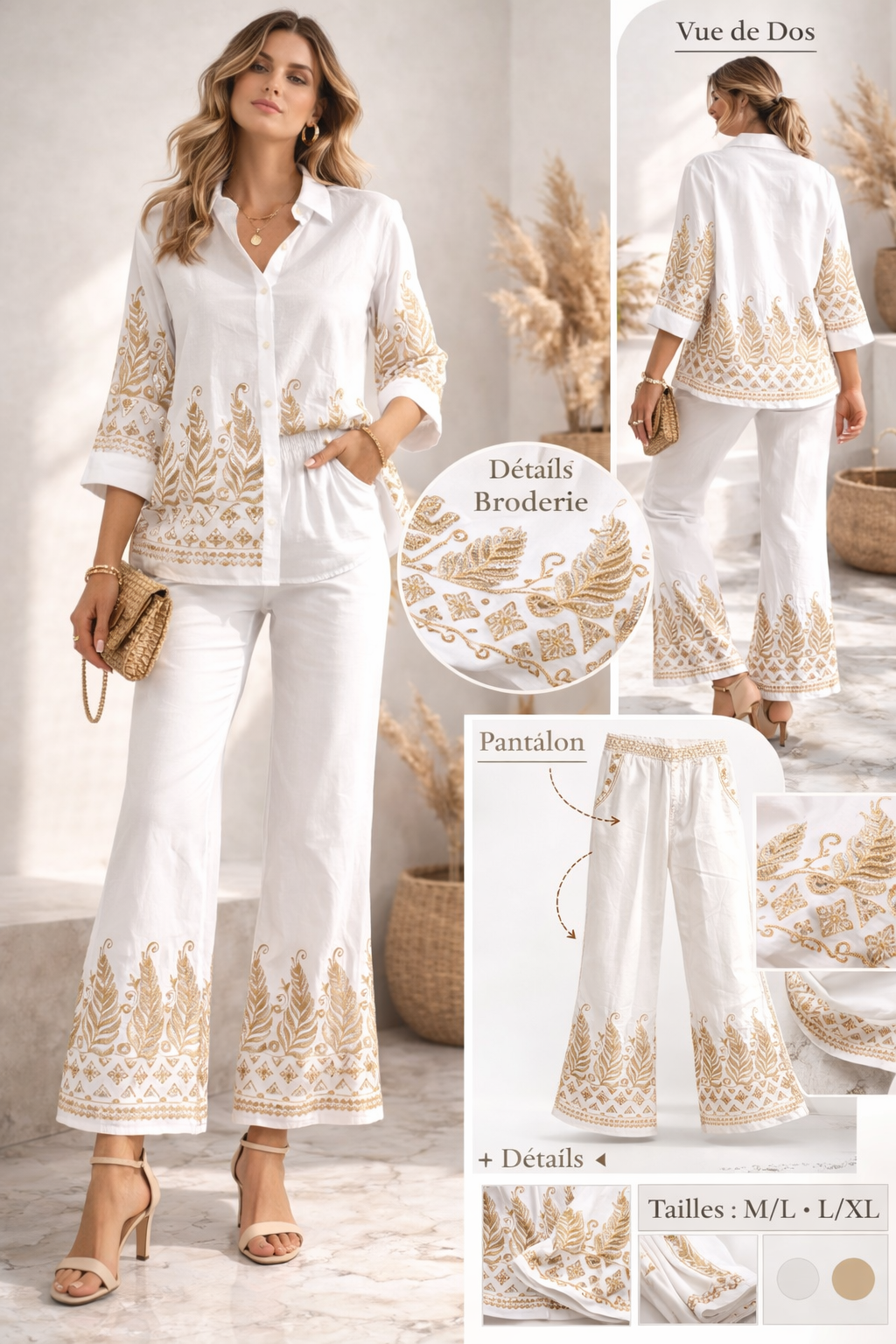 Ensemble Femme Bohème Chic Broderie Dorée – Chemise & Pantalon Fluide