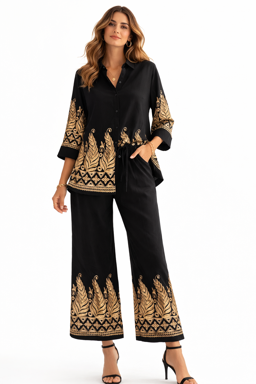Ensemble Femme Bohème Chic Broderie Dorée – Chemise & Pantalon Fluide