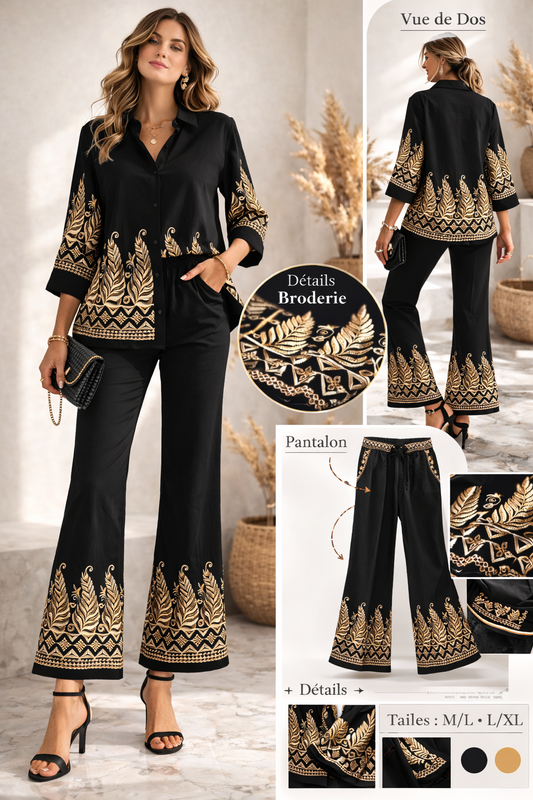 Ensemble Femme Bohème Chic Broderie Dorée – Chemise & Pantalon Fluide