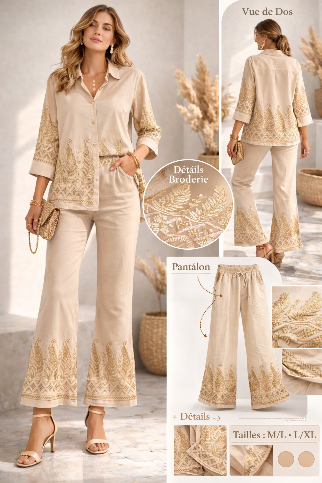 Ensemble Femme Bohème Chic Broderie Dorée – Chemise & Pantalon Fluide