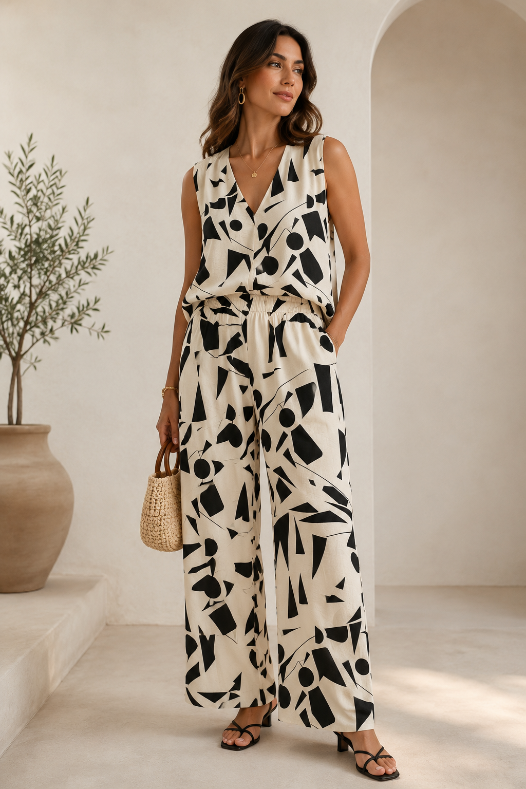 Ensemble Élégance Graphique POJ003 – Débardeur & Pantalon Fluide