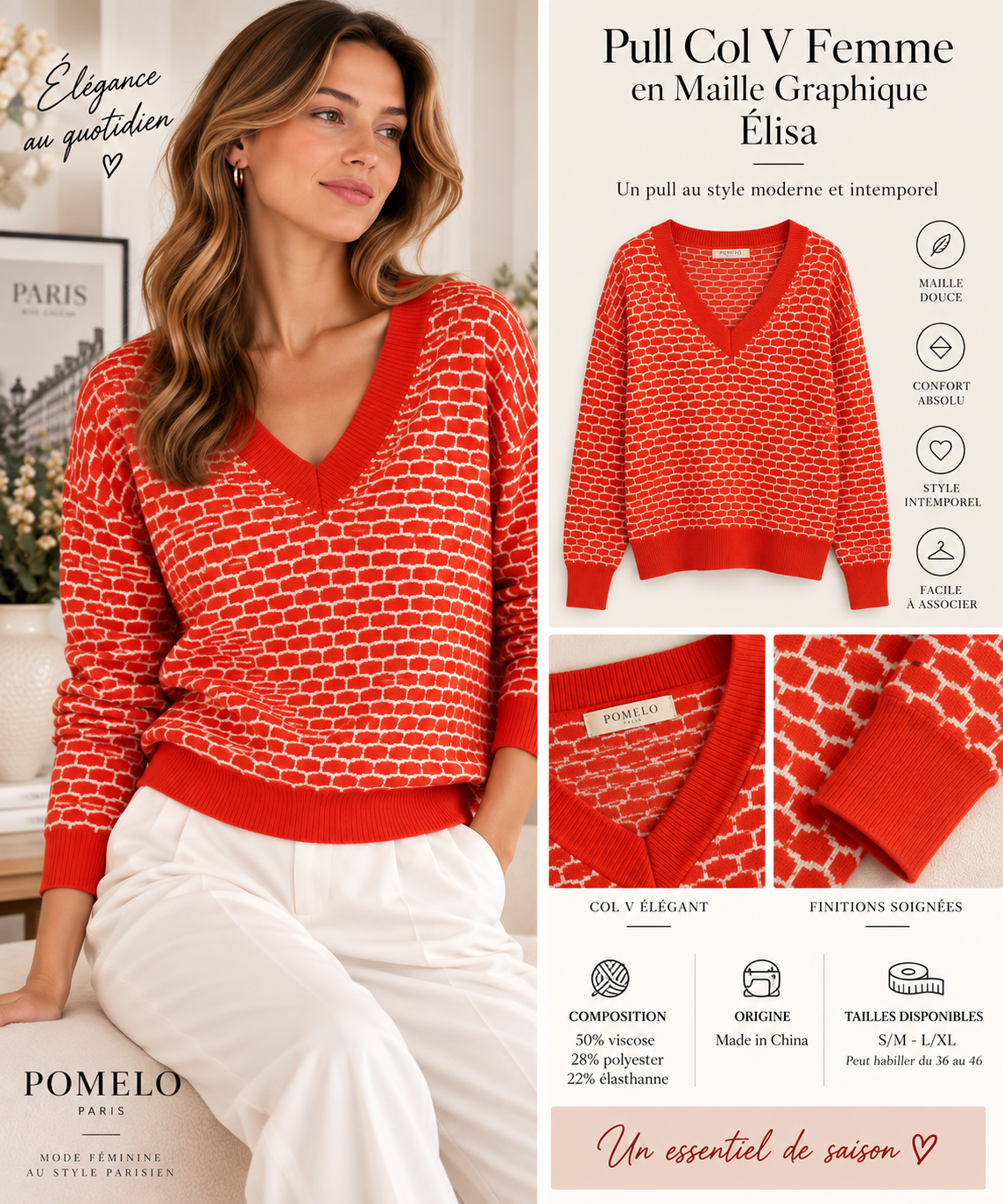 Pull Col V en Maille Douce à Motif Graphique Élisa - GO2668815 — visuel 2 — Pomelo