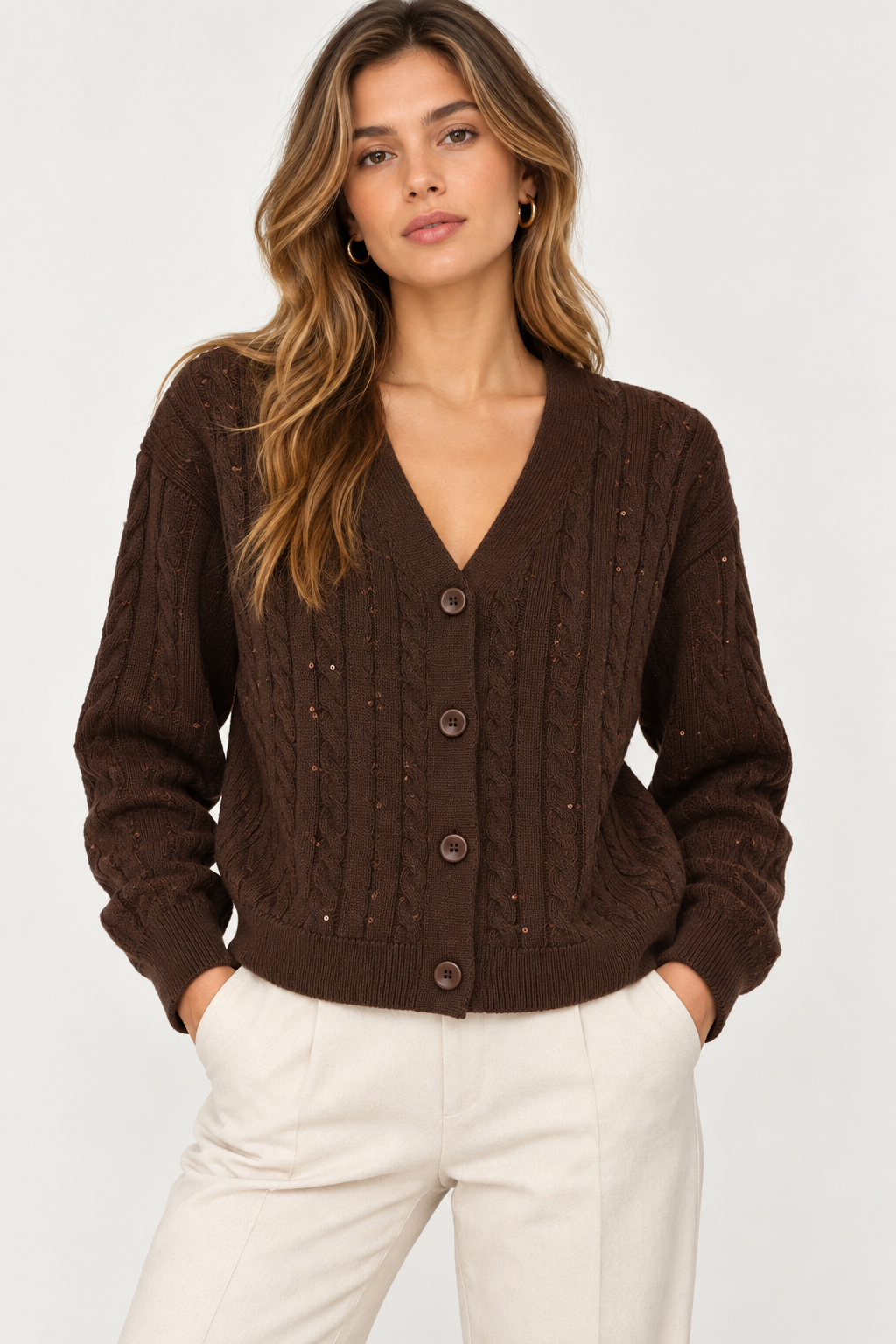 Cardigan en Maille Tressée Élégant - VB8002 — visuel 24 — Pomelo