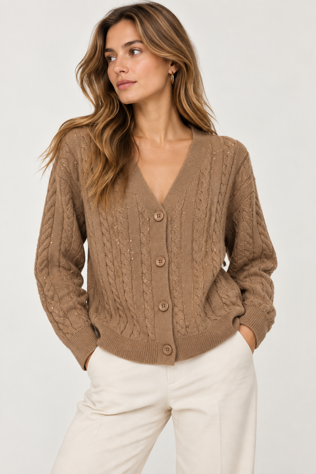 Cardigan en Maille Tressée Élégant - VB8002 — visuel 15 — Pomelo