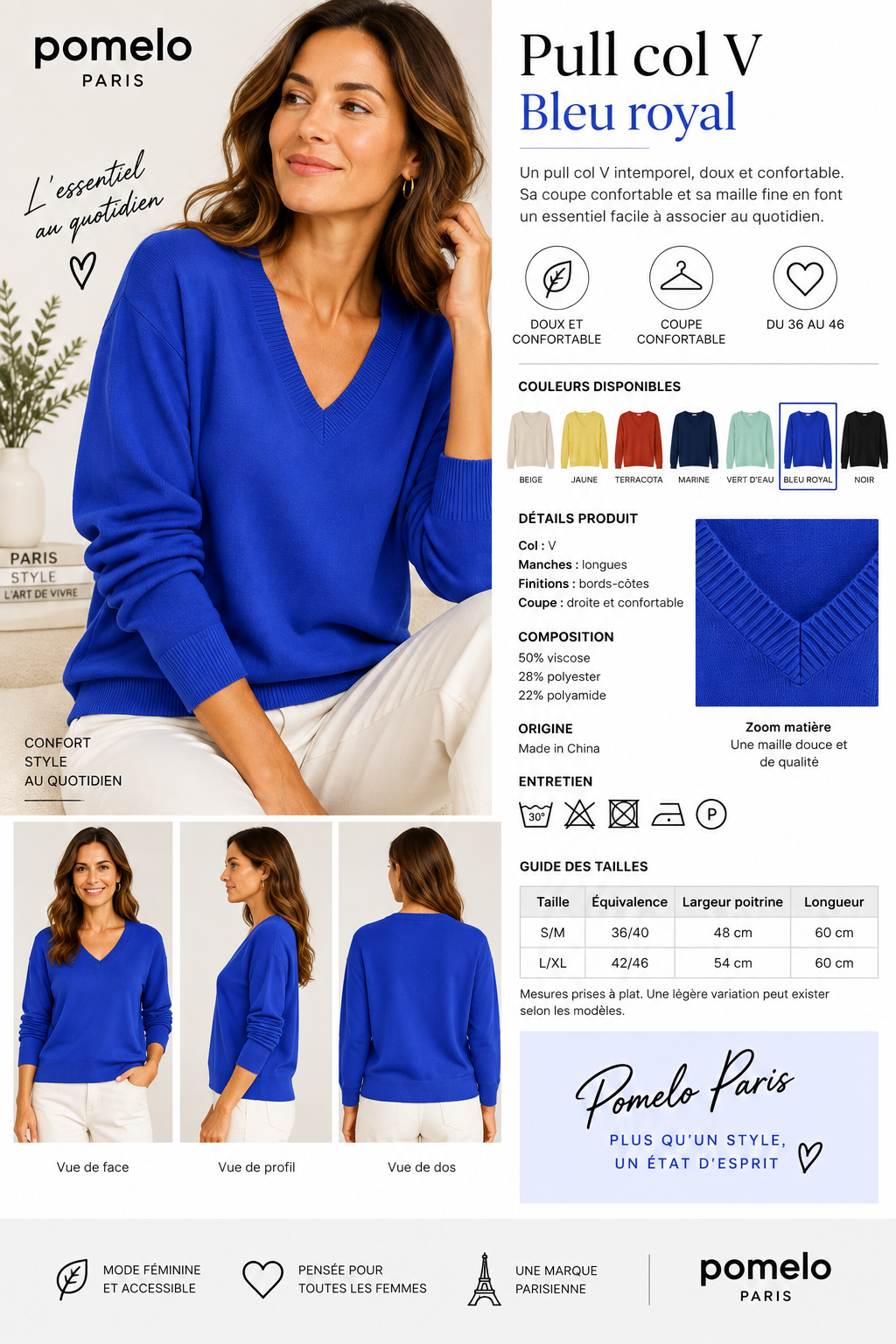 Pull col en V en maille douce - Collection Premium - VB8010 — visuel 20 — Pomelo