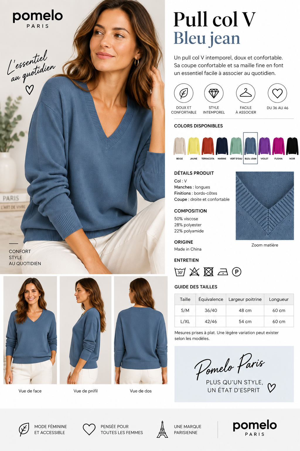 Pull col en V en maille douce - Collection Premium - VB8010 — visuel 23 — Pomelo