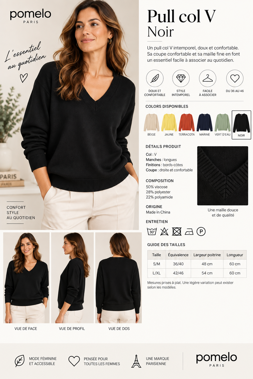 Pull col en V en maille douce - Collection Premium - VB8010