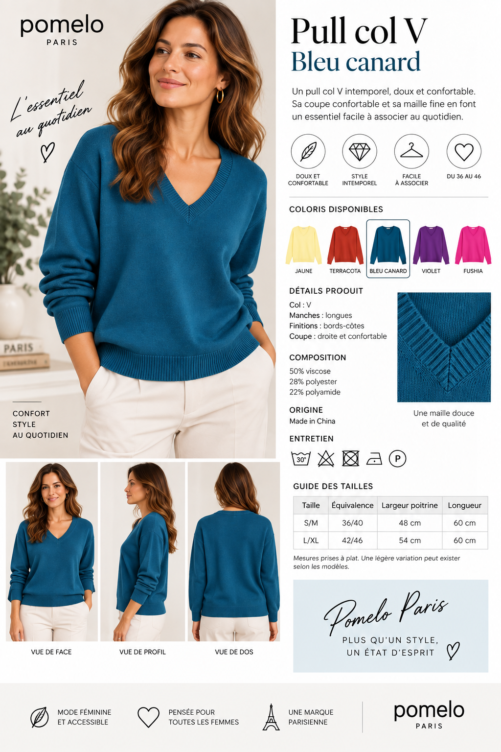 Pull col en V en maille douce - Collection Premium - VB8010 — visuel 24 — Pomelo