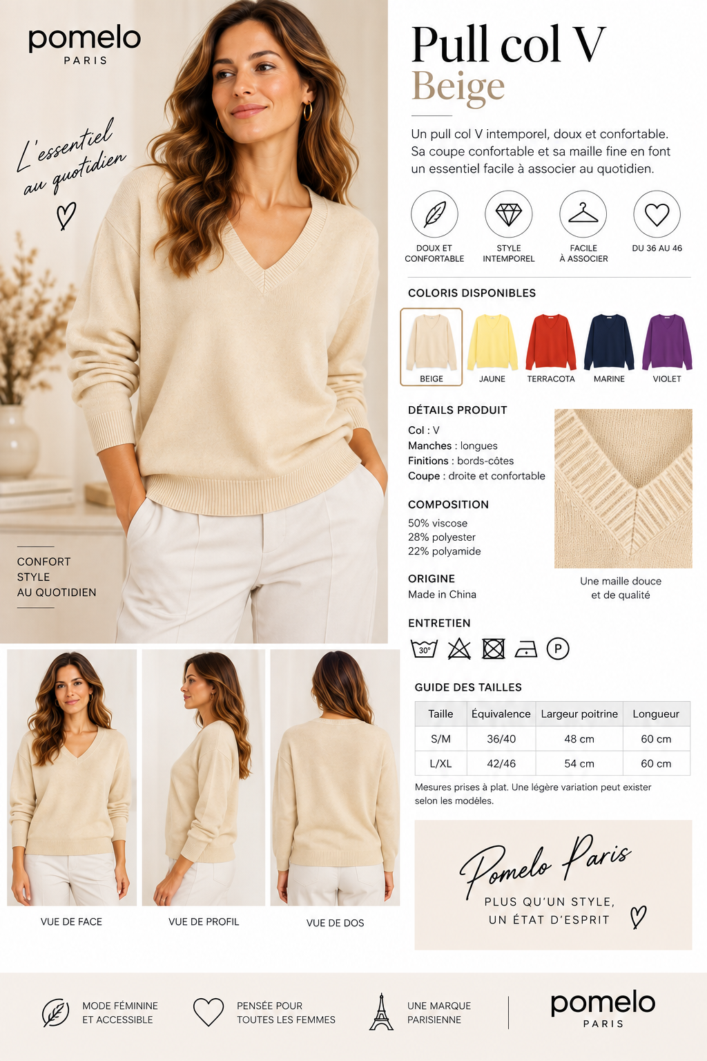 Pull col en V en maille douce - Collection Premium - VB8010 — visuel 11 — Pomelo