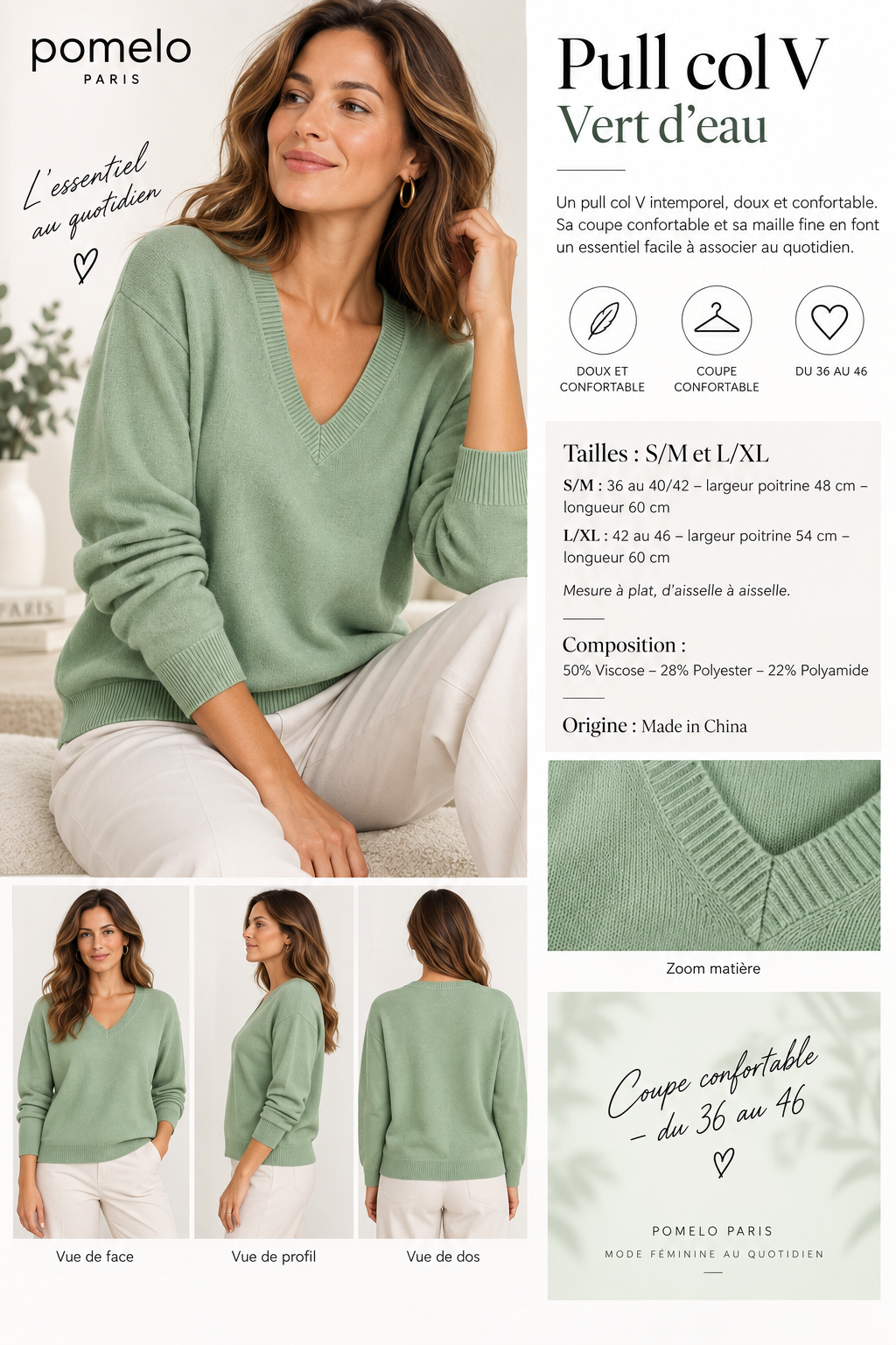 Pull col en V en maille douce - Collection Premium - VB8010 — visuel 6 — Pomelo