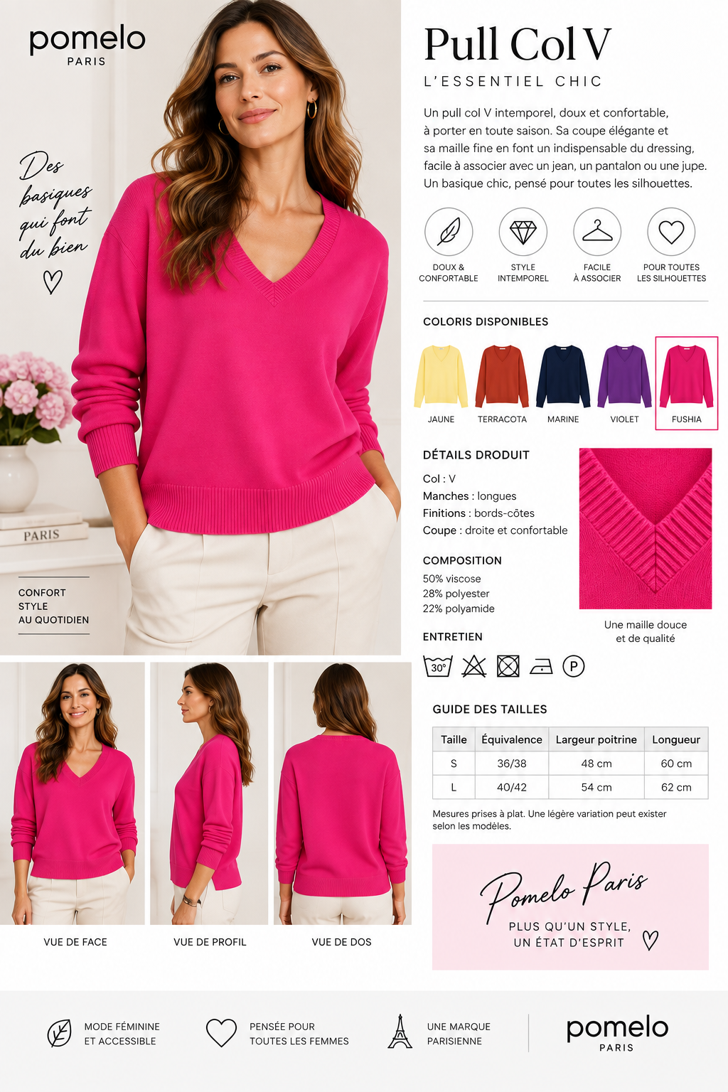 Pull col en V en maille douce - Collection Premium - VB8010 — visuel 22 — Pomelo