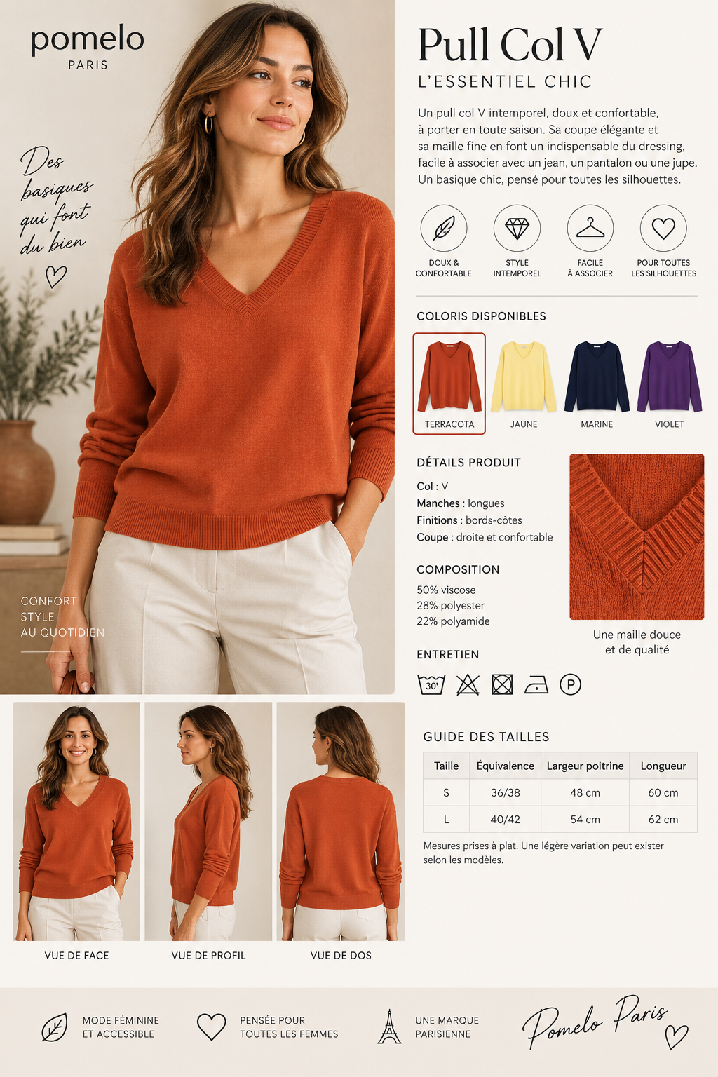 Pull col en V en maille douce - Collection Premium - VB8010