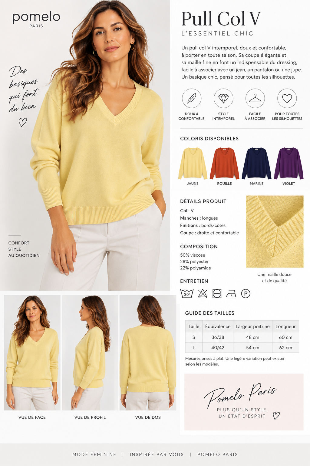 Pull col en V en maille douce - Collection Premium - VB8010 — visuel 15 — Pomelo