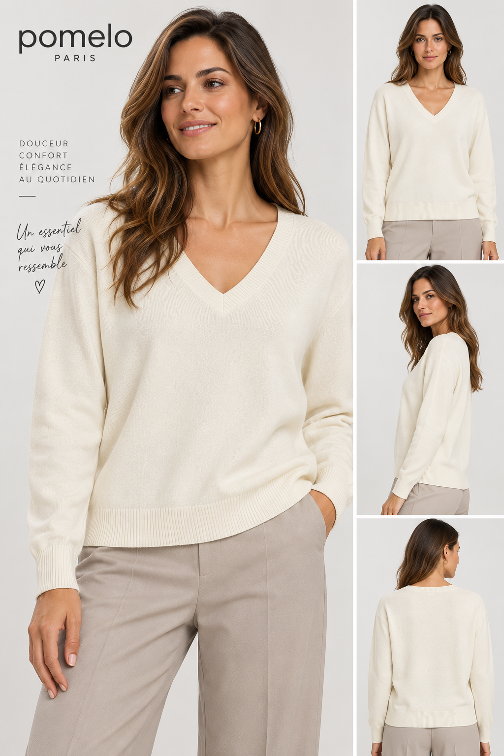 Pull col en V en maille douce - Collection Premium - VB8010 — visuel 12 — Pomelo